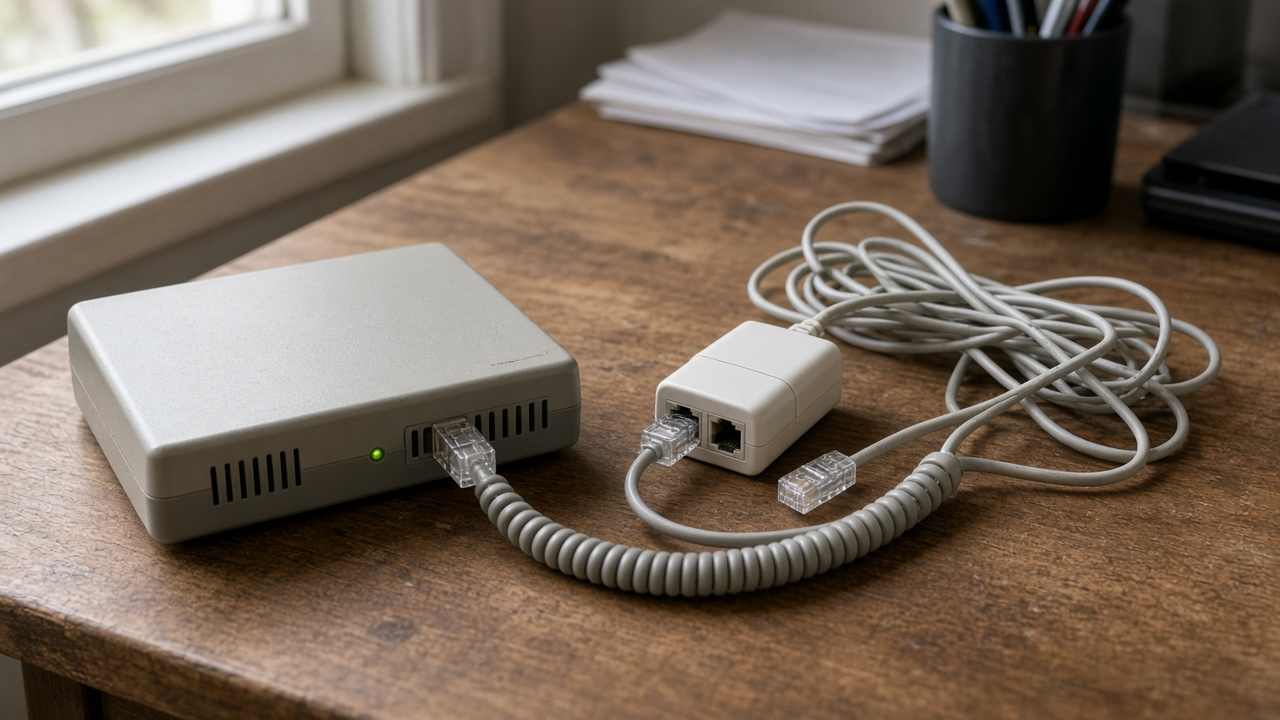 Home networking desk with router, cable, and laptop